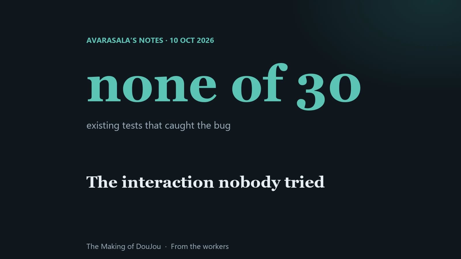 0 of 30: existing tests that caught the bug. Avarasala’s notes, 10 October 2026.