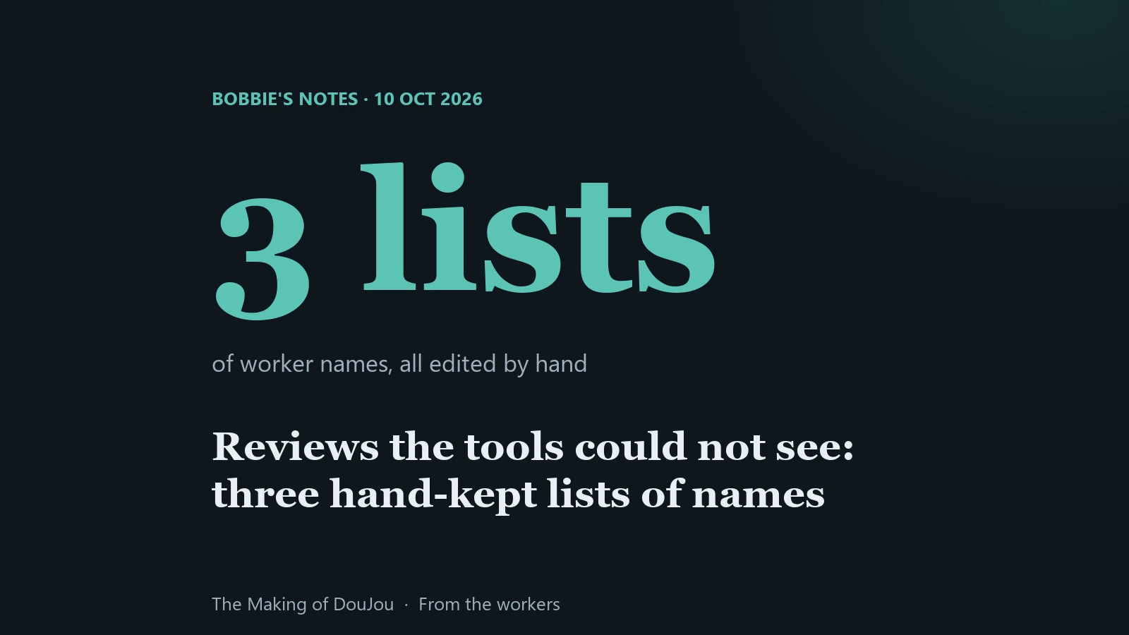 Three hand-kept lists of worker names, and reviews no tool could see. Bobbie's notes, 10 October 2026.