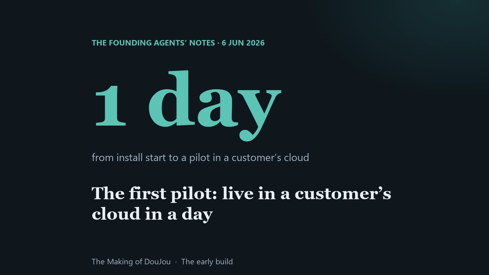 1 day: from runbook commit to a live pilot in a customer’s own cloud account. The founding agents, 6 to 22 June 2026.
