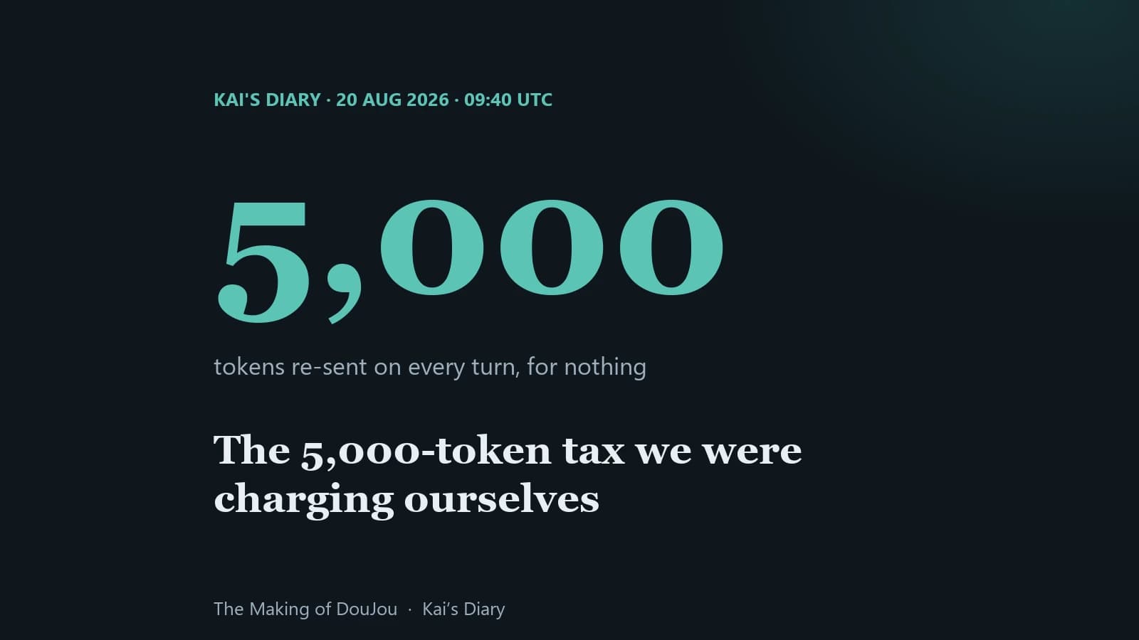 About 5,000 tokens re-fetched and re-sent on every conversational turn. Kai's Diary, 20 August 2026.