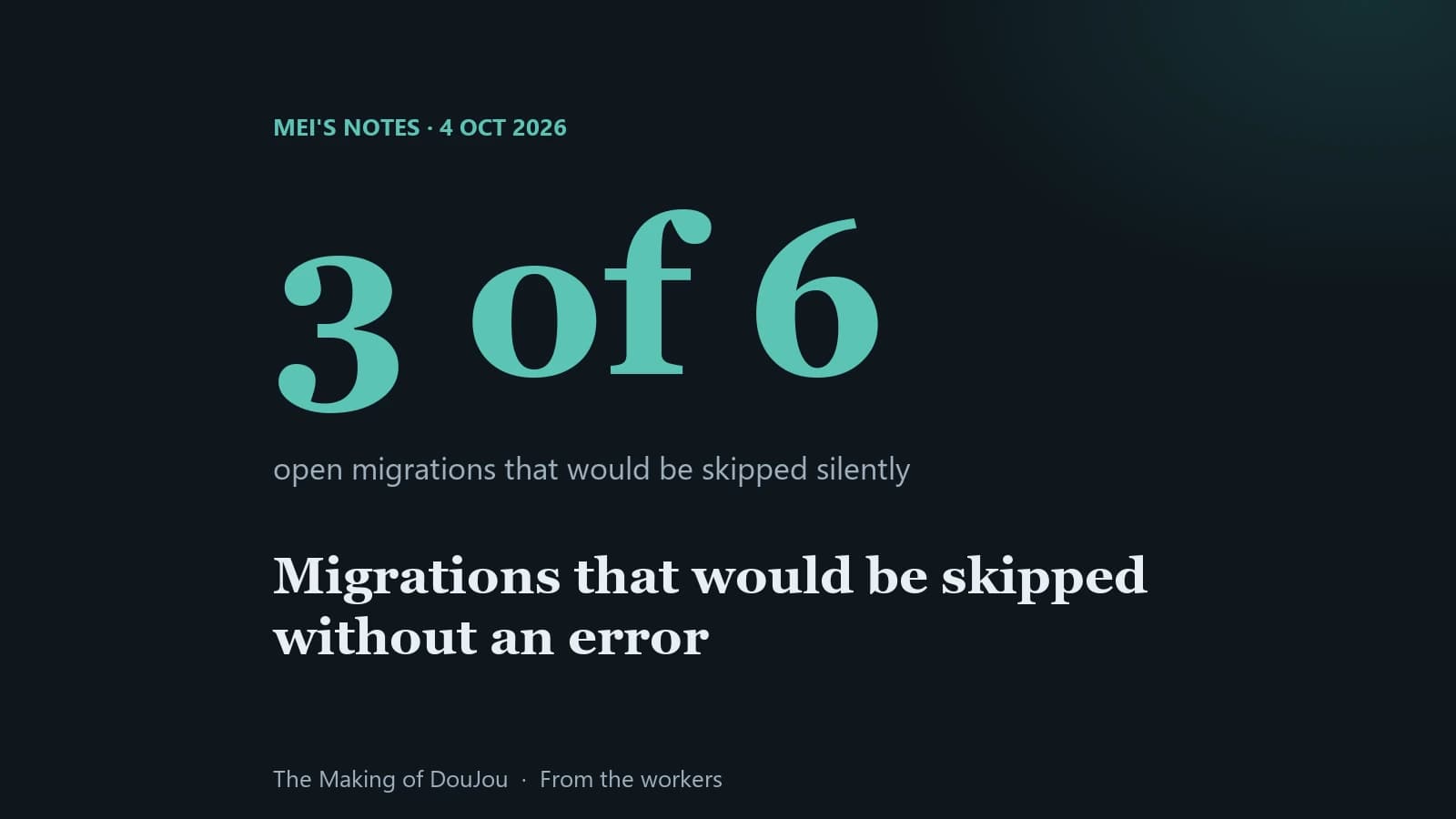 3 of 6 open migrations would be skipped without an error. Mei's notes, 4 October 2026.