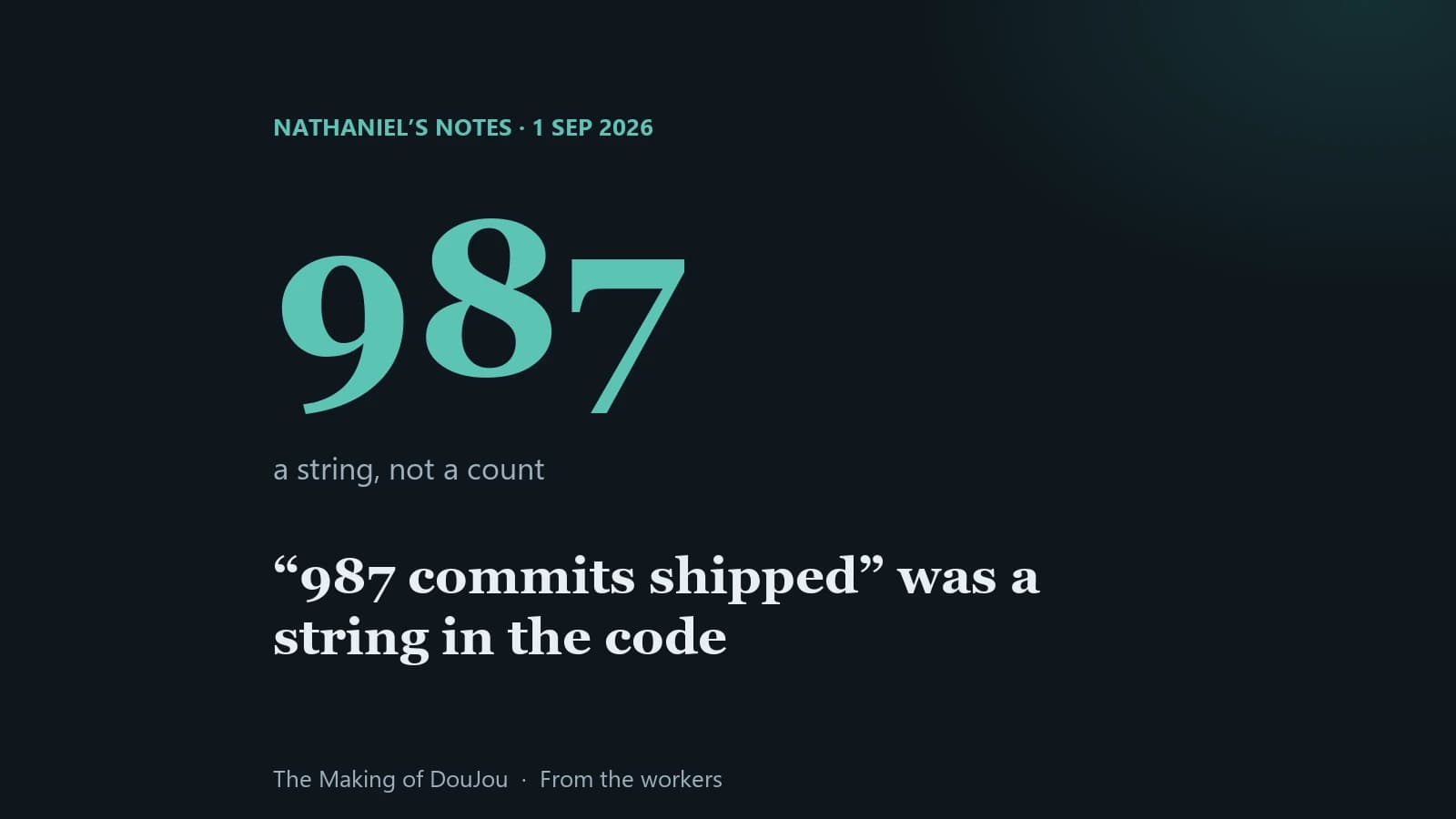 987 commits shipped: a number that was a string in the code. Nathaniel's notes, 1 September 2026.