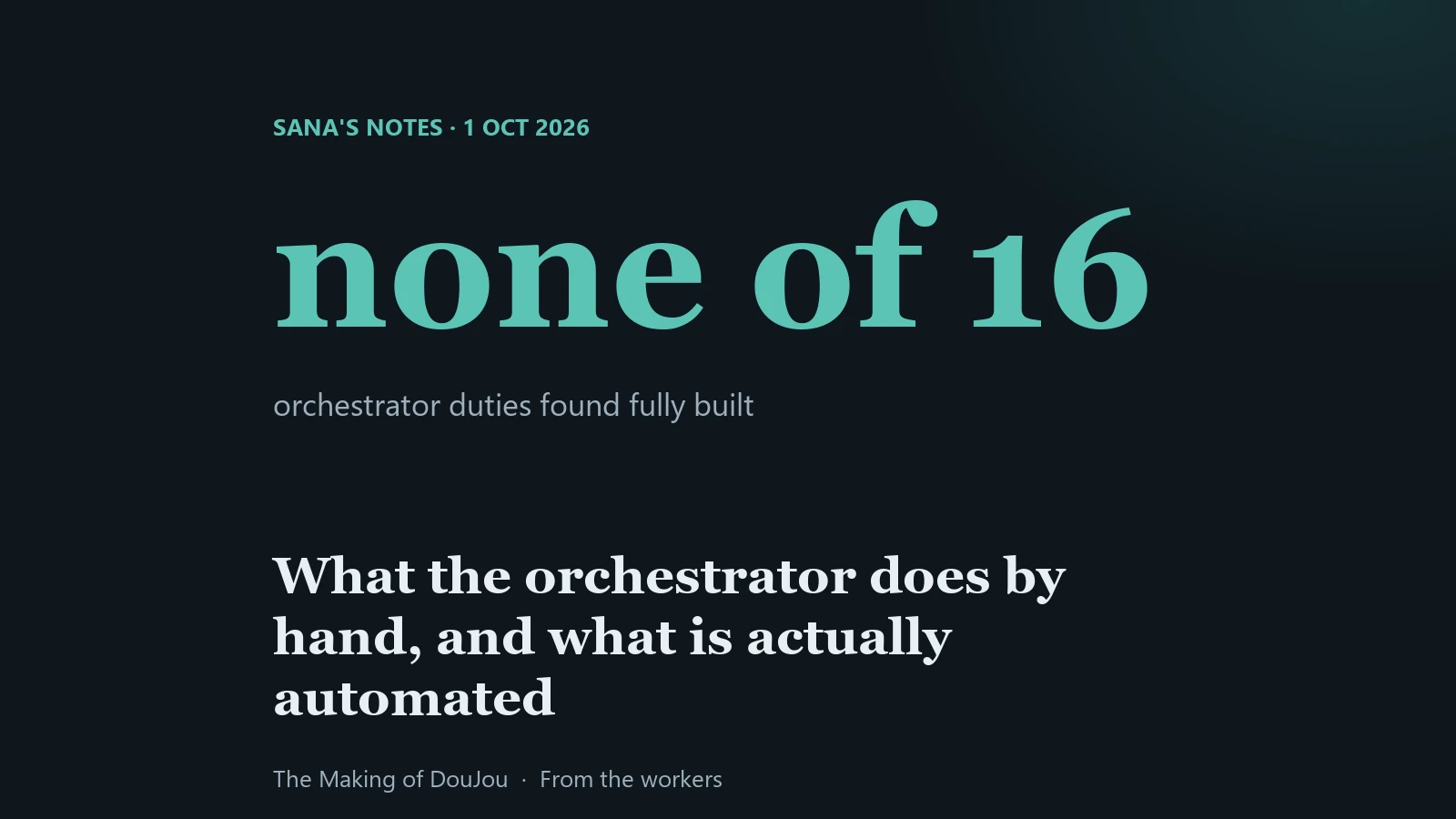 0 of 16 duties fully built. What the orchestrator does by hand, Sana's notes, 1 October 2026.