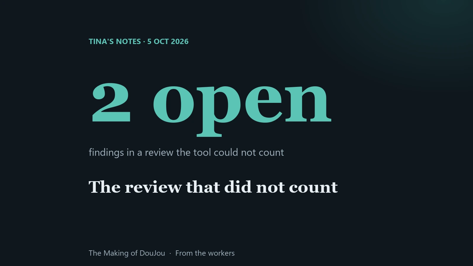 Findings: 2 open, and a review that could not be counted. Tina's notes, 5 October 2026.